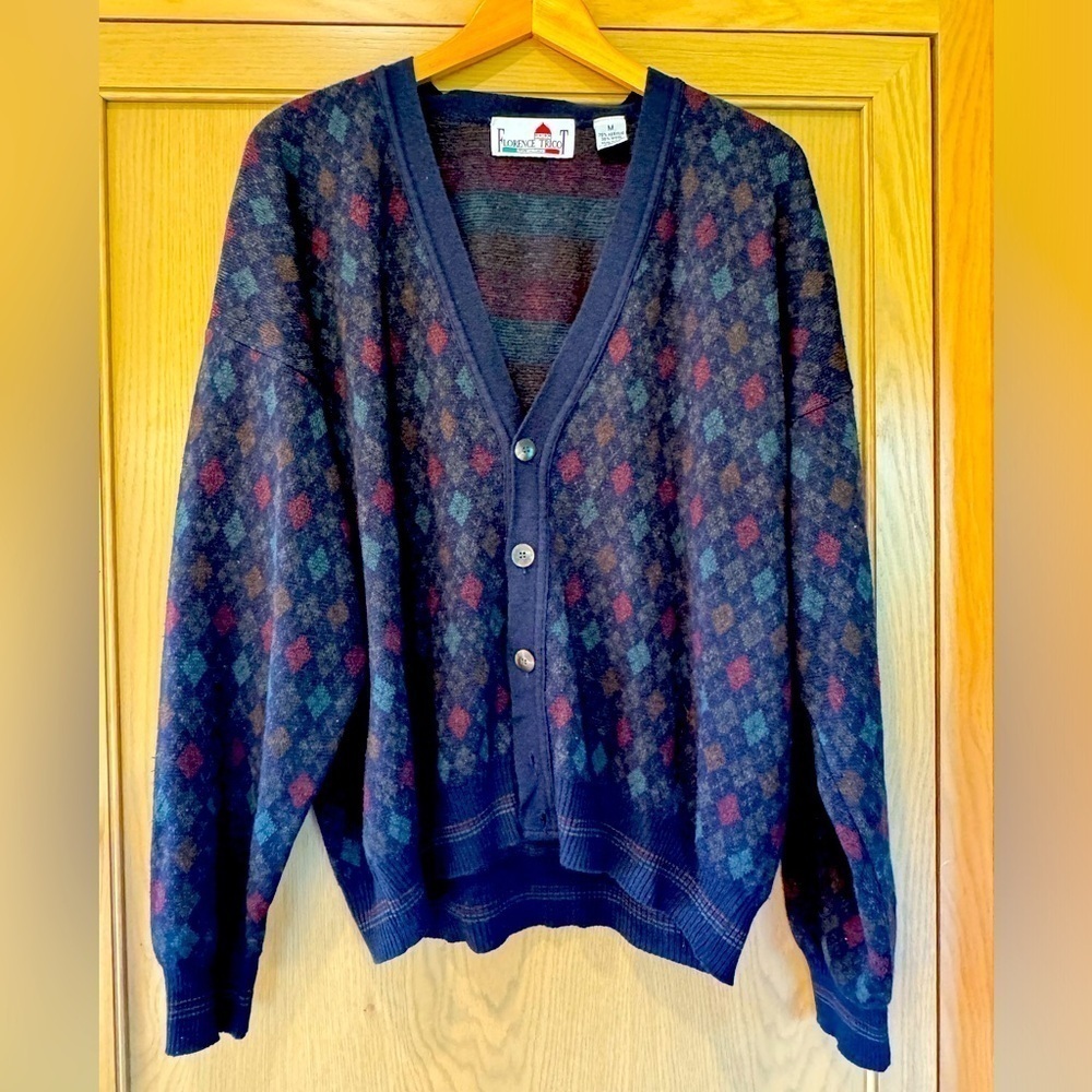 Vintage Florence Tricot Italy Argyle Cardigan Sweater / Wool / Medium